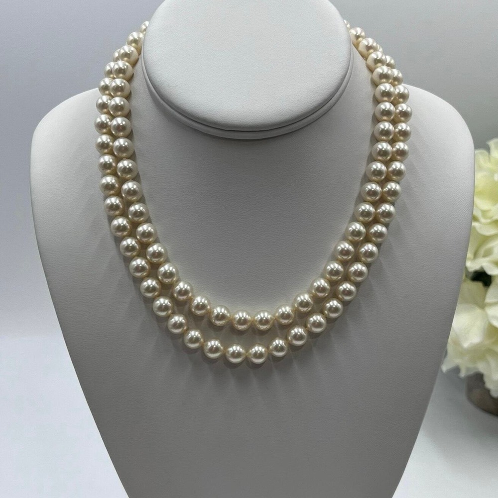 Majorica Vintage Double Strand Faux Pearl Choker Layered Sterling Clasp Necklace